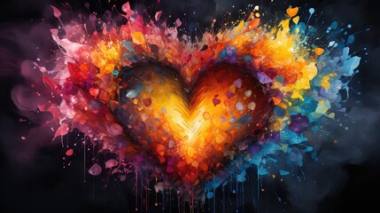 Colorful abstract heart painting with vibrant splashes and dark background, symbolizing love and passion in creative art.