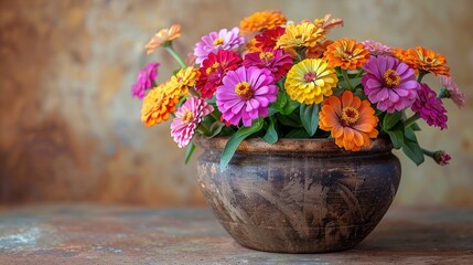 Colorful zinnias in a rustic clay pot against a textured background, showcasing vibrant floral beauty and natural charm in a classic arrangement.