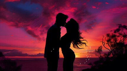 Silhouette of a couple sharing a kiss against an orange sunset sky. Generative AI.