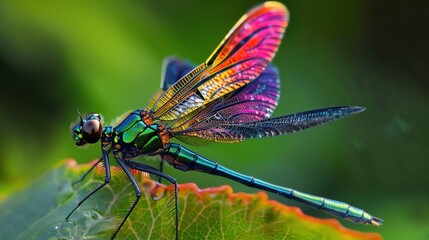 A metallic dragonfly perched on a leaf, camera closes in to reveal iridescent wings and intricate body textures, emphasizing the natural mimicry of metal in wildlife