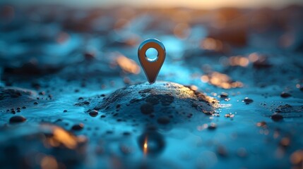 Digitally rendered 3D location pin icon on a moon-like surface, symbolizing space exploration and technology