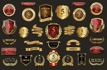 Wall Mural - Collection of  Anniversary gold laurel wreath badges and labels vector illustration