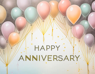 Happy Anniversary with balloons design card , banner or poster in a watercolour painting style