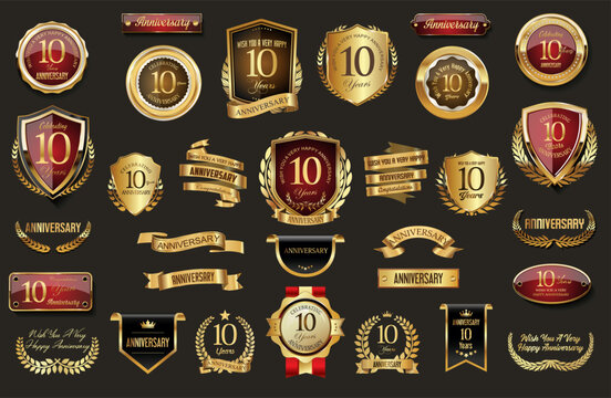 Collection of  Anniversary gold laurel wreath badges and labels vector illustration