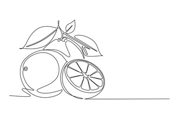 Poster - Continuous one line drawing of whole and sliced healthy organic orange for orchard logo identity. Fresh tropical fruitage concept fruit garden icon. Single line draw design vector graphic illustration