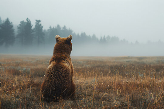 rear view of brown bear sitting in foggy meadow with forest background. wildlife nature photography