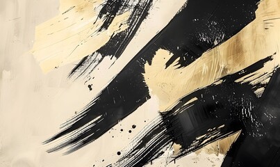 Wall Mural - Modern abstract painting with dynamic black and gold brush strokes on a beige background, Generative AI