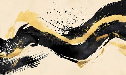 Wall Mural - Modern abstract painting with dynamic black and gold brush strokes on a beige background, Generative AI