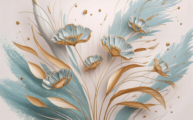 Sticker - An exquisite and minimalistic artistic portrait featuring delicate golden blue-colored flowers and elongated leaves, gracefully arranged against a soft pastel background.