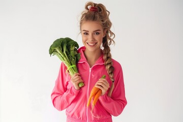 Wall Mural - girl in pink jacket holding vegetables