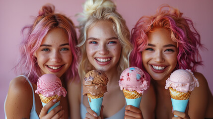 Wall Mural - Close up portrait young women enjoying ice cream, each with different flavored cones, cute and funny