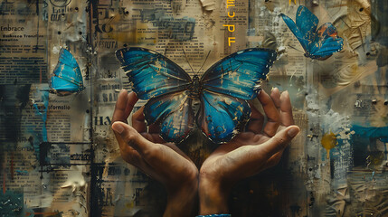 Wall Mural - Street art featuring pair of hands holding a delicate butterfly with the words Embrace Transformation in bold typography symbolizing growth and change
