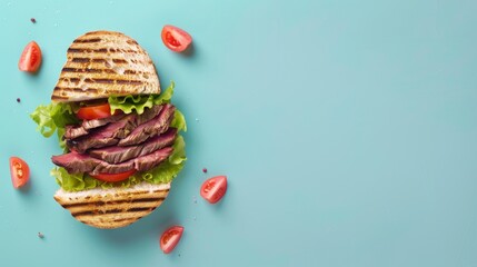 Wall Mural - Sandwich bread with beef, tomato, and lettuce for simple food, copy space flat lay
