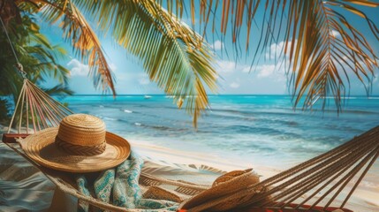 Straw hat on hammock under palm tree leaves with ocean view and clear sky representing a relaxing tropical beach vacation. Generative Ai.