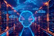 © Leo Rohmann - Cloud computing illustration with neon lights, emphasizing secure data storage and online collaboration in a futuristic setting.
