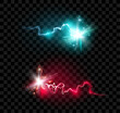 © Sensvector - Flash light thunderbolt spark versus fight. Vector thunderbolt flight, power of storm, electric powerful discharge of energy and force. Colorful bolts glowing burst effects, transparent background