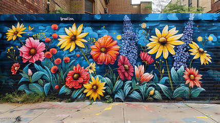Wall Mural - Street art showcasing colorful bouquet of flowers with the words Spread Love Sprout Kindness Blossom Happiness in vibrant colors promoting compassion and positivity