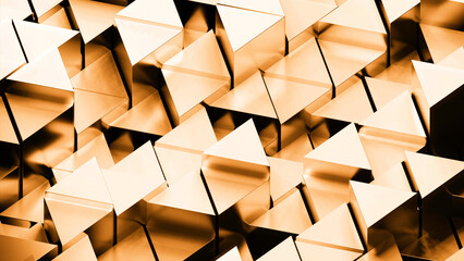 Wall Mural - 3D triangles move up and down on surface. Design. Metallic texture of moving triangles on surface. Moving 3D triangles in chaotic wave on surface