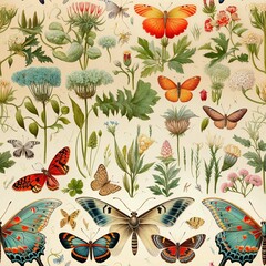 Wall Mural - ai-generated image of a pattern with vibrant butterflies, moths, and botanical elements