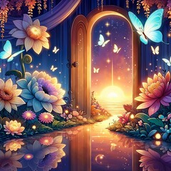 Wall Mural - AI-generated image of a magical portal to an enchanted garden with glowing flowers and butterflies