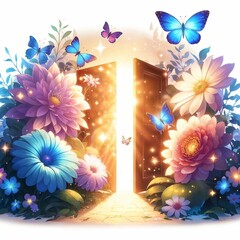 Wall Mural - AI-generated image of a magical portal to an enchanted garden with glowing flowers and butterflies