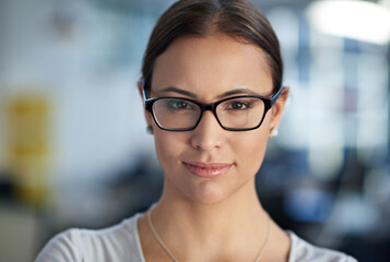 Wall Mural - Business woman, portrait and serious in office with glasses for career and newspaper writer. Journalist, confidence and commitment with copywriting, research or news for media or press conference