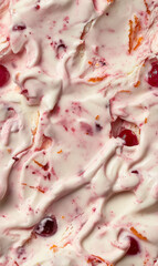 cranberry orange ice cream surface close-up shot, a closeup of the cranberry orange ice cream texture, highlighting its creamy base with pieces of cranberries and swirls of orange