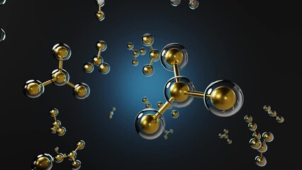 rotating golden molecules encapsulated in a transparent sphere on black background decorated with a 