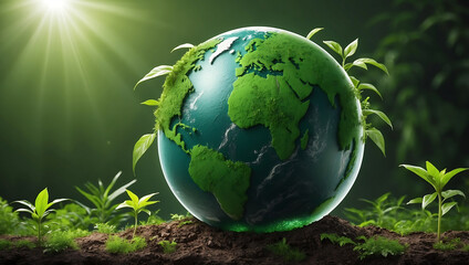 World environment day, A green globe representing Earth, partially covered with vibrant green leaves, symbolizing nature and environmental sustainability