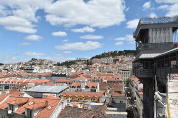 Wall Mural - Aerial view of buildings and landmarks in Lisbon Portugal with incredible architecture and a blue sky background. 