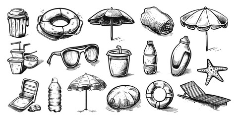Wall Mural - doodle style beach equipment for swimming and playing on sand icon set. beach, equipment, swimming, 