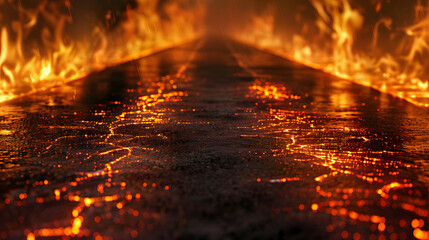 Wall Mural - wet long road on fire texture background. generative ai.