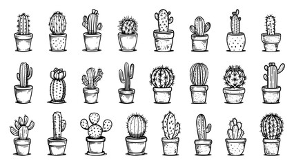 Wall Mural - Doodle Style Cacti Icon Set. Cactus, Plant, Desert, Southwest, Nature, Botanical, Prickly, Spiky, Thorny, Flora, Greenery, Gardening, Hand Drawn, Sketch, Drawing, Simple, Low Details, Black Icons