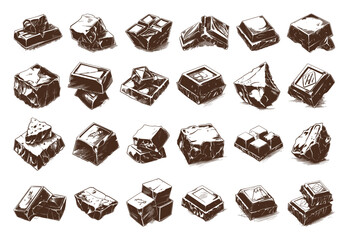 Wall Mural - Doodle Style Chocolate Chunks at Different Angles Icons Set. Low Detailed Line Sketch with Crisp Contours on White Background. Cocoa Pieces Dessert Confectionery Sweet Food Tasty