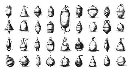 Wall Mural - Doodle Style Different Marine Buoys Icons Set. Hand Drawn Simple Style Black Icons on White Background. Nautical Ocean Sea Navigation Safety Equipment Waterway Maritime Signal Buoy
