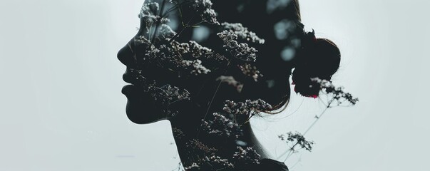 Artistic double exposure of woman's profile blended with nature, emphasizing beauty and connection.