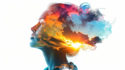 Wall Mural - Creative double exposure of woman's profile with vibrant clouds and sunset, symbolizing imagination and dreams.