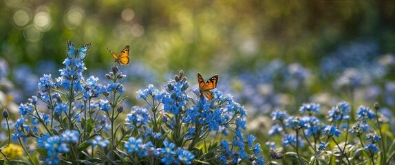 Beautiful summer or spring meadow with blue flowers of forget-me-nots and two flying butterflies. Wild nature landscape.