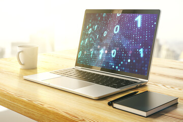 Wall Mural - creative abstract binary code sketch on modern laptop monitor, hacking and matrix concept. 3d render