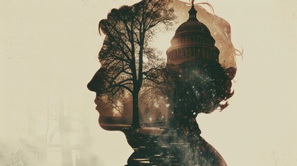 Wall Mural - Surreal double exposure of a profile silhouette blending nature and architecture in muted tones, representing harmony and contemplation.