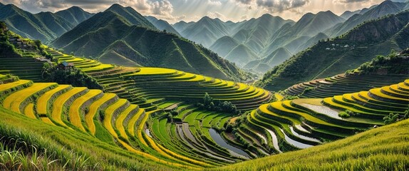 Wall Mural - panorama view of rice terrace fields, north vietnam