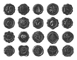 Wall Mural - hand-drawn doodle style black wax seal icons set. simple, minimalistic, handmade, vintage, tradition