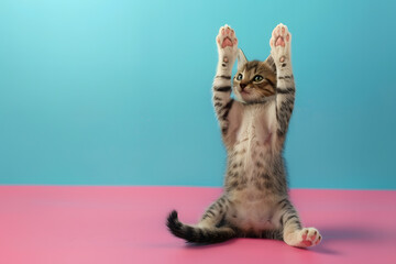 Wall Mural - Cute cat doing yoga exercise on color background.