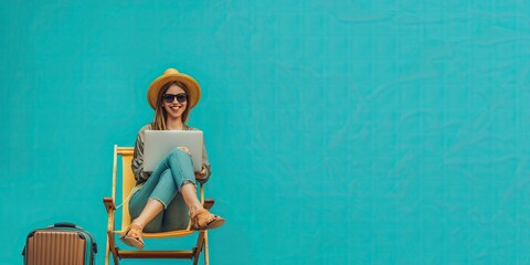 Wall Mural - A young happy woman sitting on a beach chair with a laptop and suitcase, against a teal background, for a panoramic banner concept for an online travel agency website design