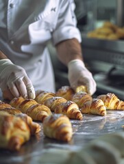 A baker is making croissants in a kitchen. The croissants are golden brown and have powdered sugar on top. The baker is wearing gloves and he is focused on his work