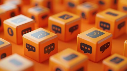 Wall Mural - A row of orange cubes with various symbols on them, including a search icon. The cubes are arranged in a way that suggests a keyboard or a game board. Scene is playful and whimsical