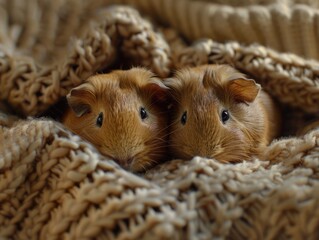 Wall Mural - Two small brown guinea pigs are snuggled up together on a blanket. The blanket is made of a fuzzy material and is brown in color. The guinea pigs are looking at the camera, and the scene has a warm