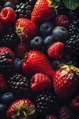 Wall Mural - A close up of a bunch of berries including blueberries and strawberries. Concept of abundance and freshness, as the berries are piled high and appear to be ripe and ready to eat