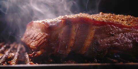 Wall Mural - A piece of meat is being cooked on a grill, with smoke rising from it. Concept of anticipation and excitement, as the meat is being prepared for a delicious meal. The smoke adds to the atmosphere