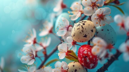 Wall Mural - A branch with a bunch of eggs on it. The eggs are red and blue